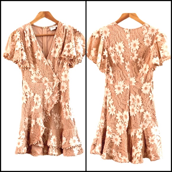 Princess Polly Floral Crochet Lace Overlay Surplice Ruffle Belted Mini Dress - Picture 4 of 7